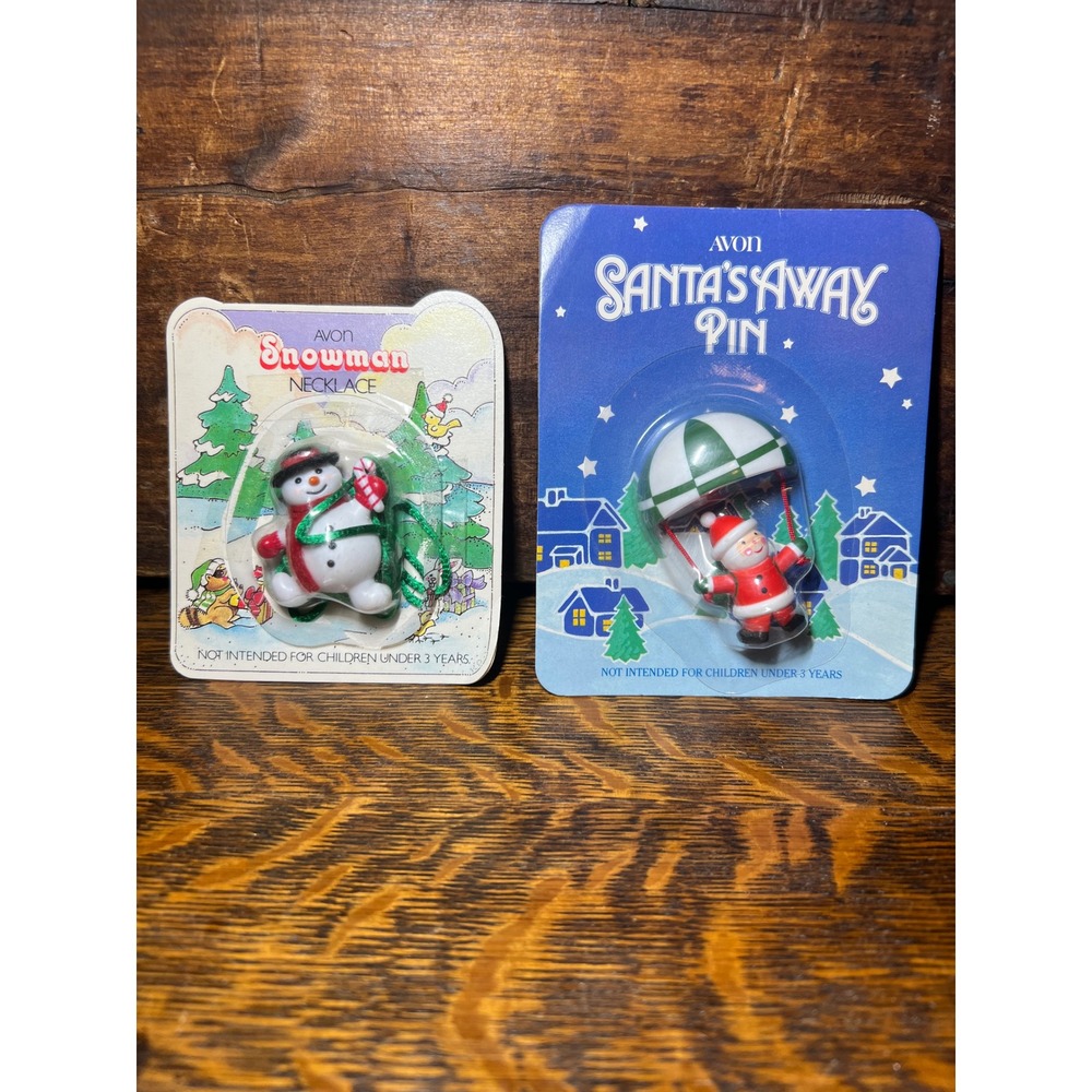 Vintage Avon Christmas Jewelry Set 1986 Santa Pin 1987 Snowman Necklace NIP